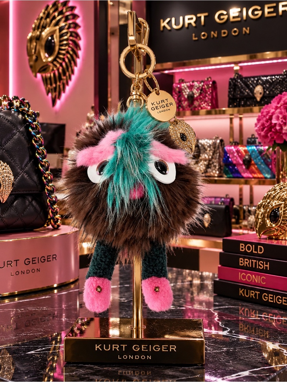 Kurt Geiger Teal, Pink & Brown Furry Monster Bag Charm